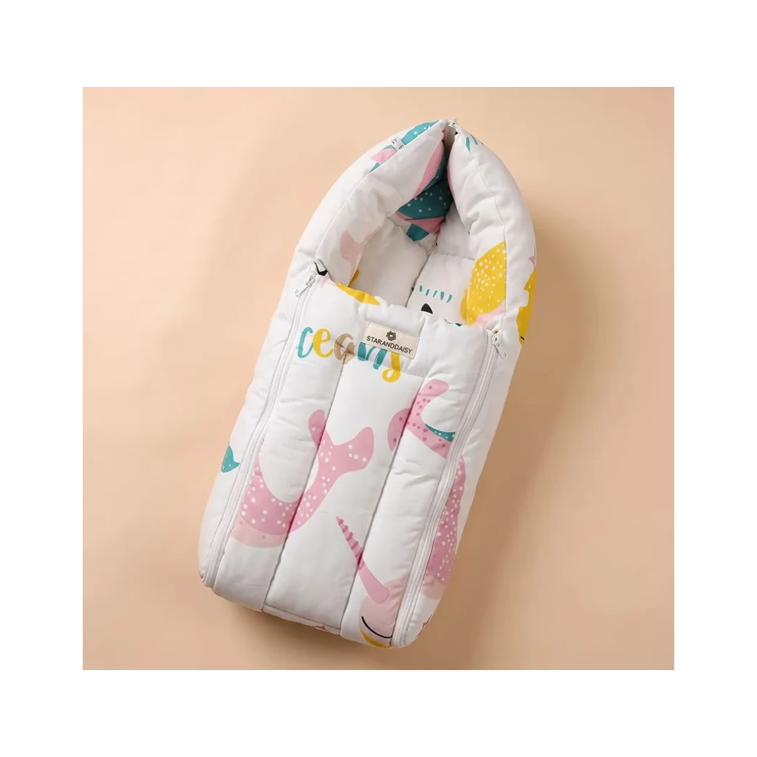StarAndDaisy 3-in-1 Baby Sleeping Bag, Lounger & Baby Bed – 0–6 Months, Ocean Print