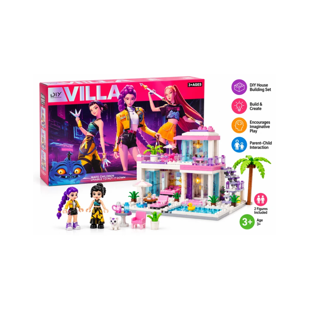 DIY Villa House Building Set – K-Pop Demon Hunters Inspired Construction Toy for Kids 3+ Years