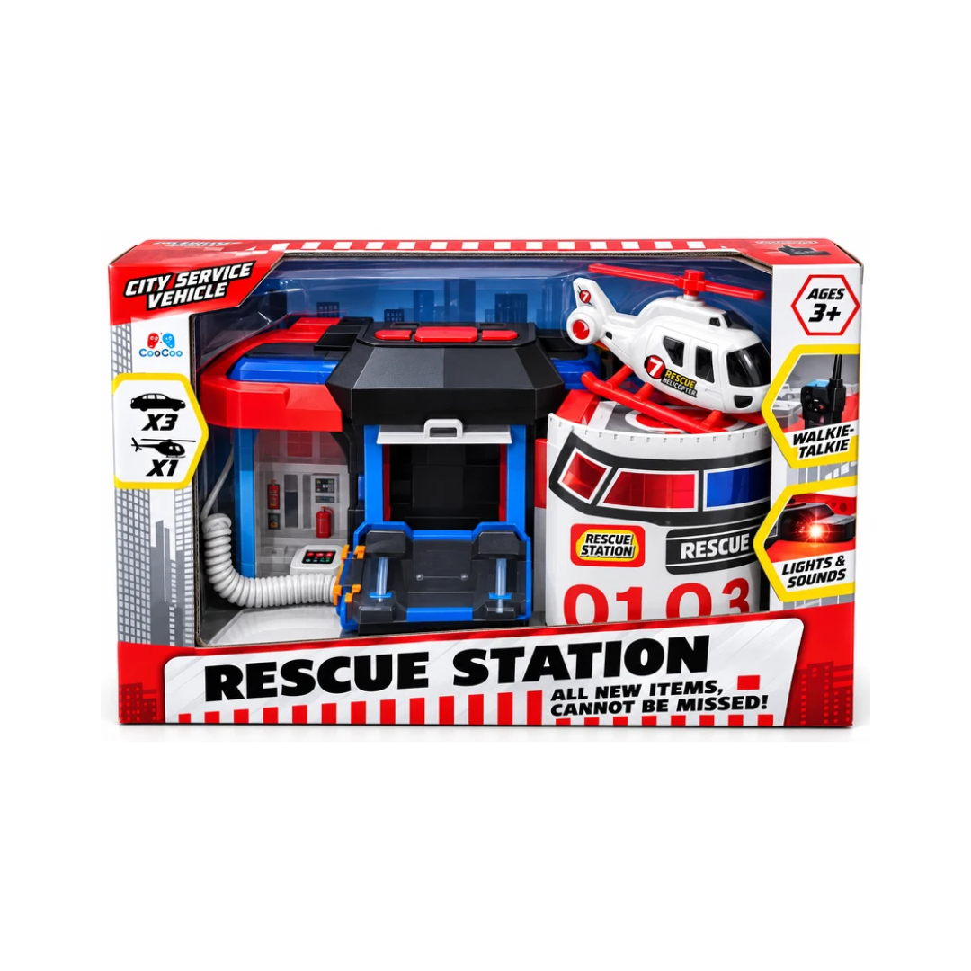 Product Title City Service Rescue Station Playset with Walkie-Talkie, Helicopter & 3 Cars | Lights & Sounds | 3+ Years