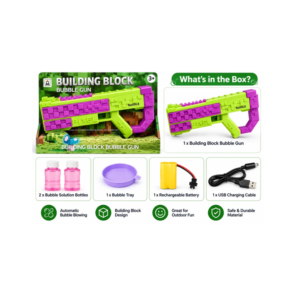 Pixel Building Block Bubble Gun – Automatic Bubble Blaster Toy | Green & Purple | 3+ Years