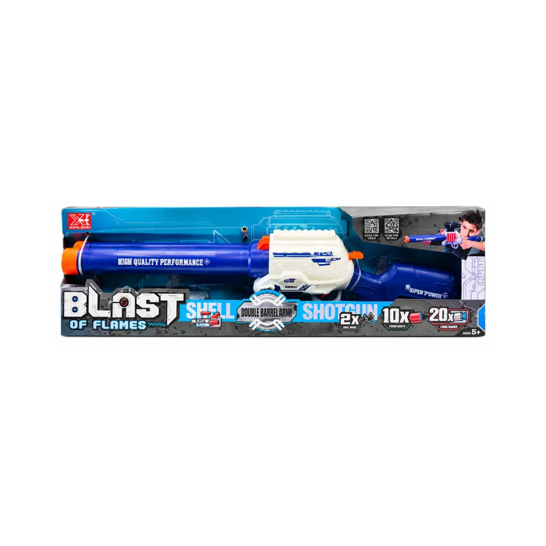 Blast of Flames Shell Shotgun Toy Blaster | Double Barrel Firing with 10 Cartridge Cases & 20 Soft Darts | Kids 6+