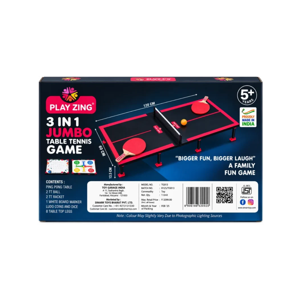 Play Zing 3-in-1 Jumbo Table Tennis, Ludo & Drawing Board Game – 120 CM