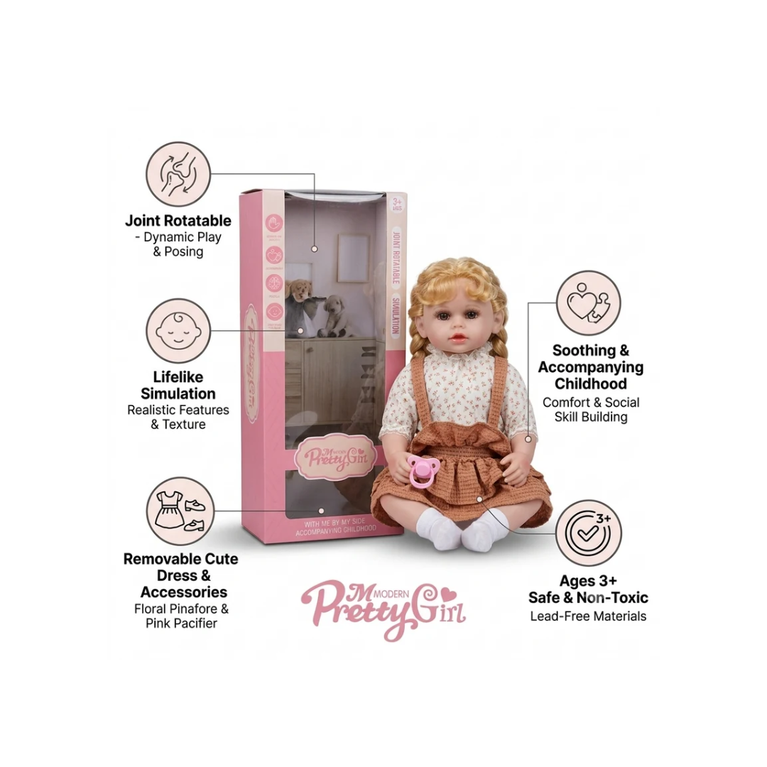 Modern Pretty Girl Baby Doll with Rotatable Joints, Dress & Pacifier – 3+ Years