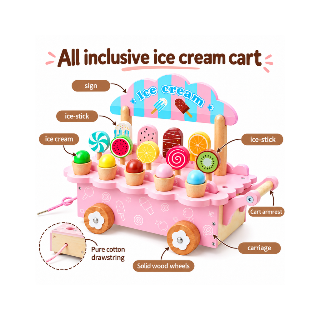 Rainbow Toys Wooden Ice Cream Cart Playset for Kids