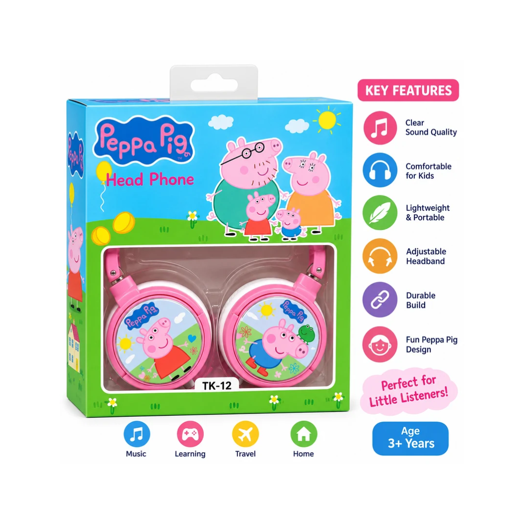 Peppa Pig Kids Wired Headphones – Pink Cartoon Headset TK-12