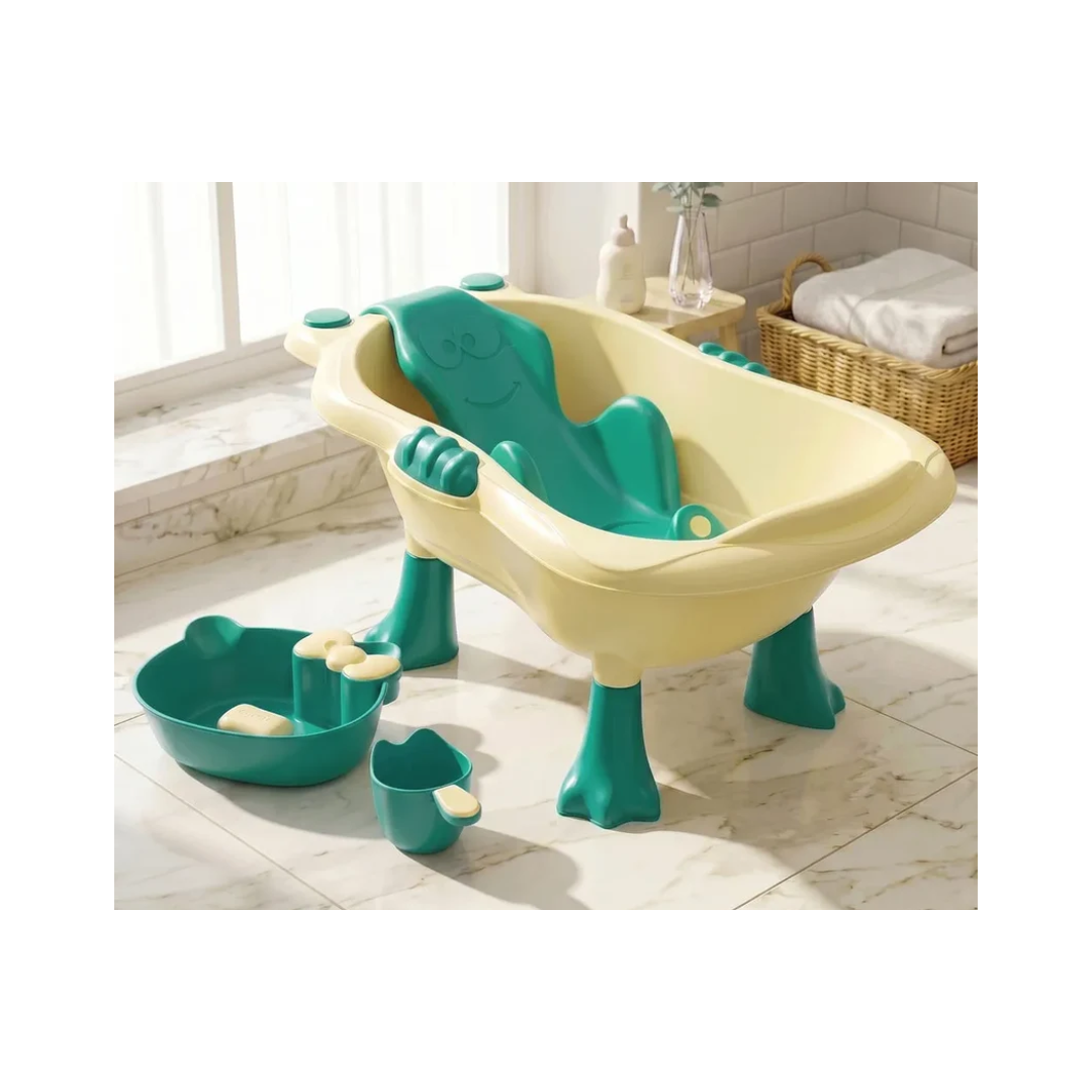 StarAndDaisy Aqua Nest Elevated Baby Bathtub with Support Seat & Bath Accessories – Green & Cream