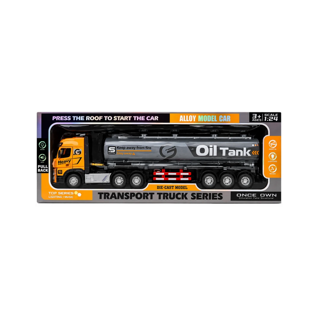 1:24 Die-Cast Oil Tanker Transport Truck – Pull Back Alloy Model with Light & Music for Kids