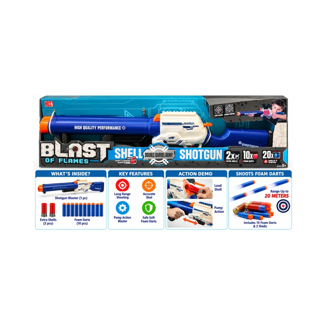 Blast of Flames Shell Shotgun Toy Blaster | Double Barrel Firing with 10 Cartridge Cases & 20 Soft Darts | Kids 6+