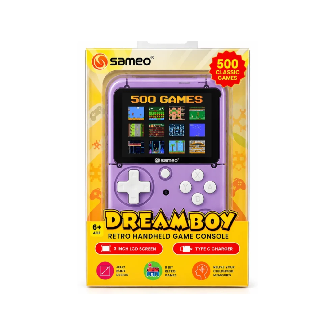 Sameo Dreamboy Retro Handheld Game Console – 500 Classic Games | 3-Inch LCD | Type-C Charging – Purple