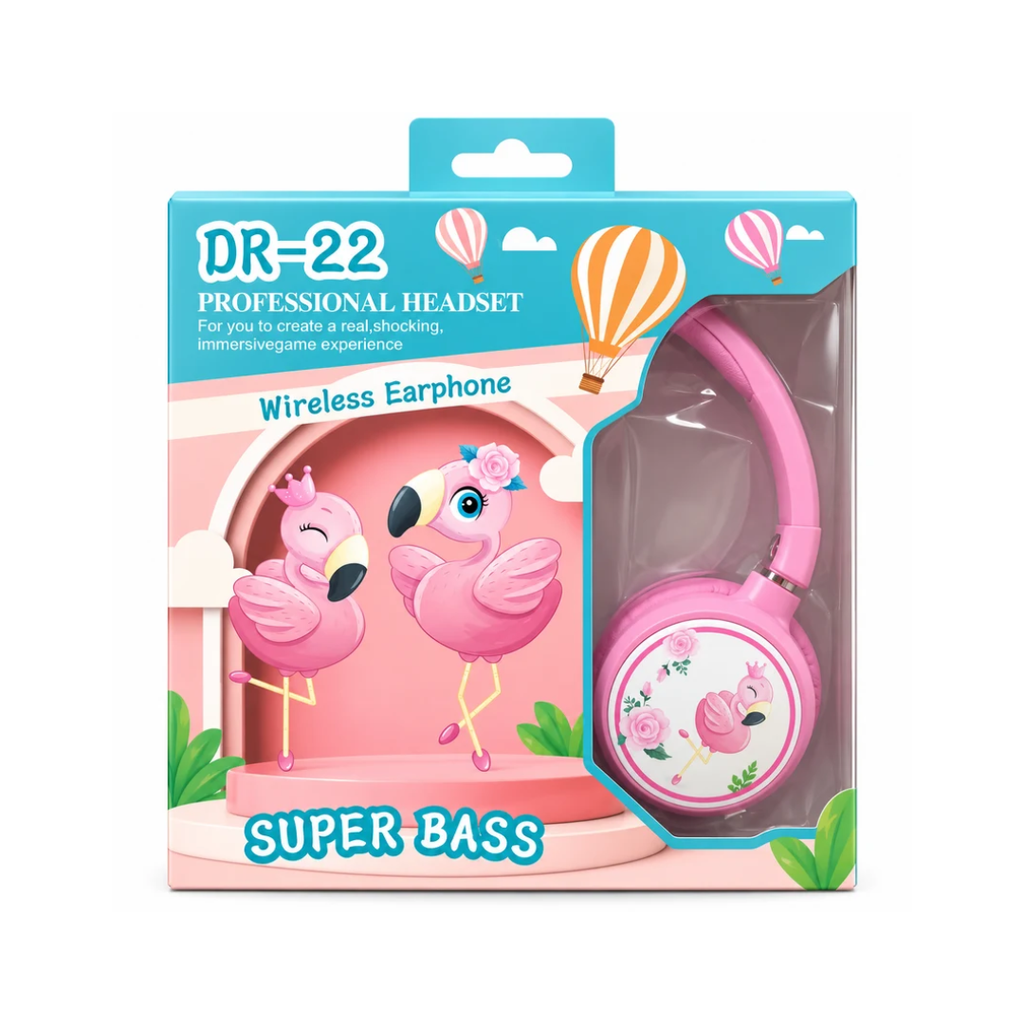 Kids Flamingo Wireless Headphones with Super Bass – Pink DR-22