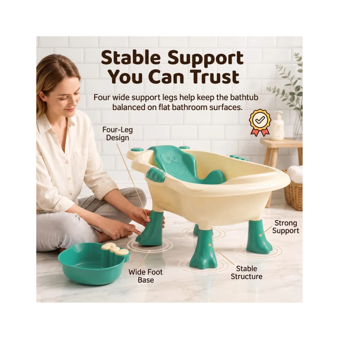 StarAndDaisy Aqua Nest Elevated Baby Bathtub with Support Seat & Bath Accessories – Green & Cream