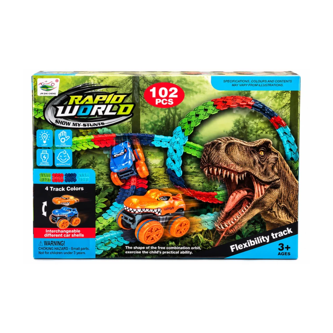 Rapid World 102 PCS Dinosaur Flexible Race Track Set with Stunt Car | DIY Track Building Toy for Kids