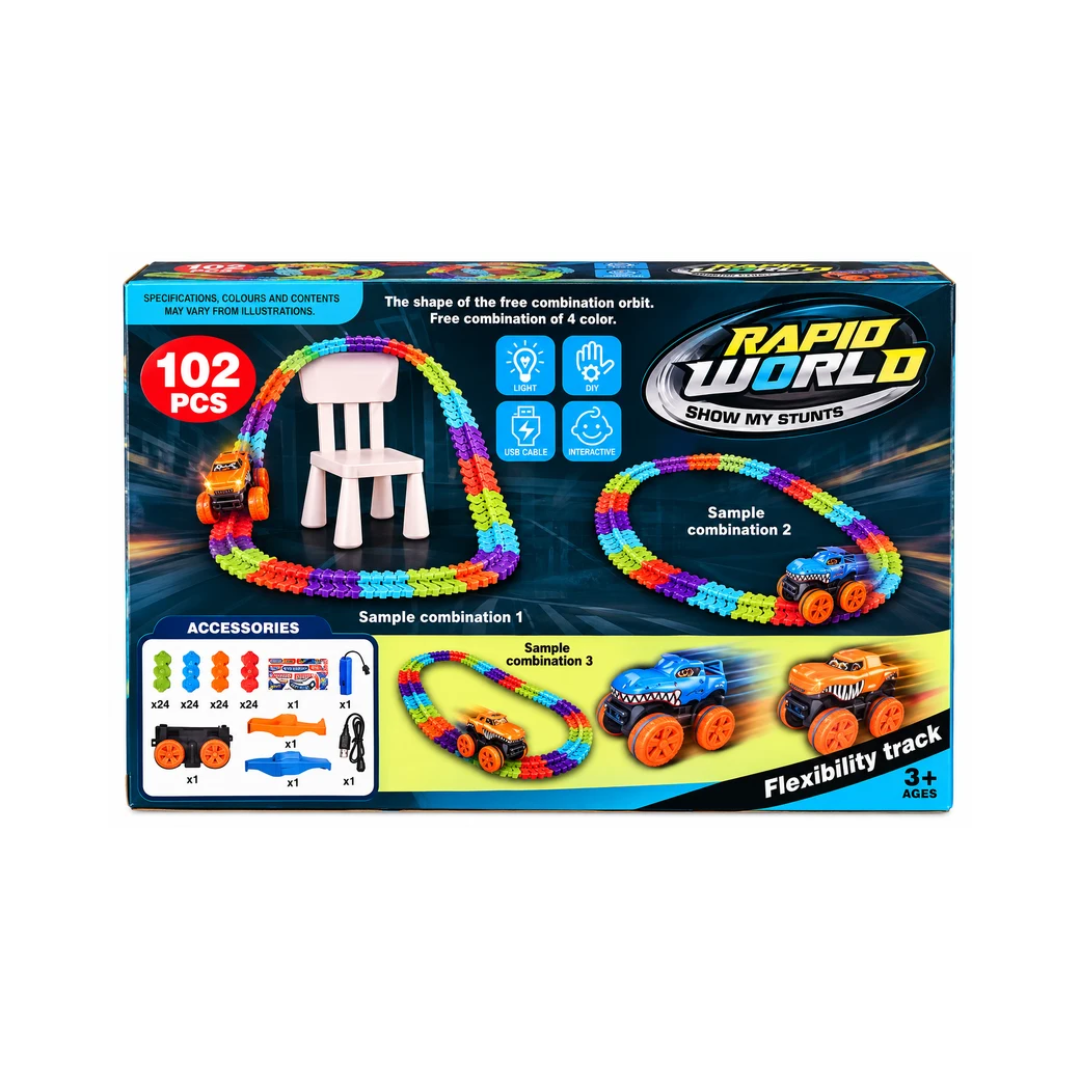 Rapid World 102 PCS Dinosaur Flexible Race Track Set with Stunt Car | DIY Track Building Toy for Kids