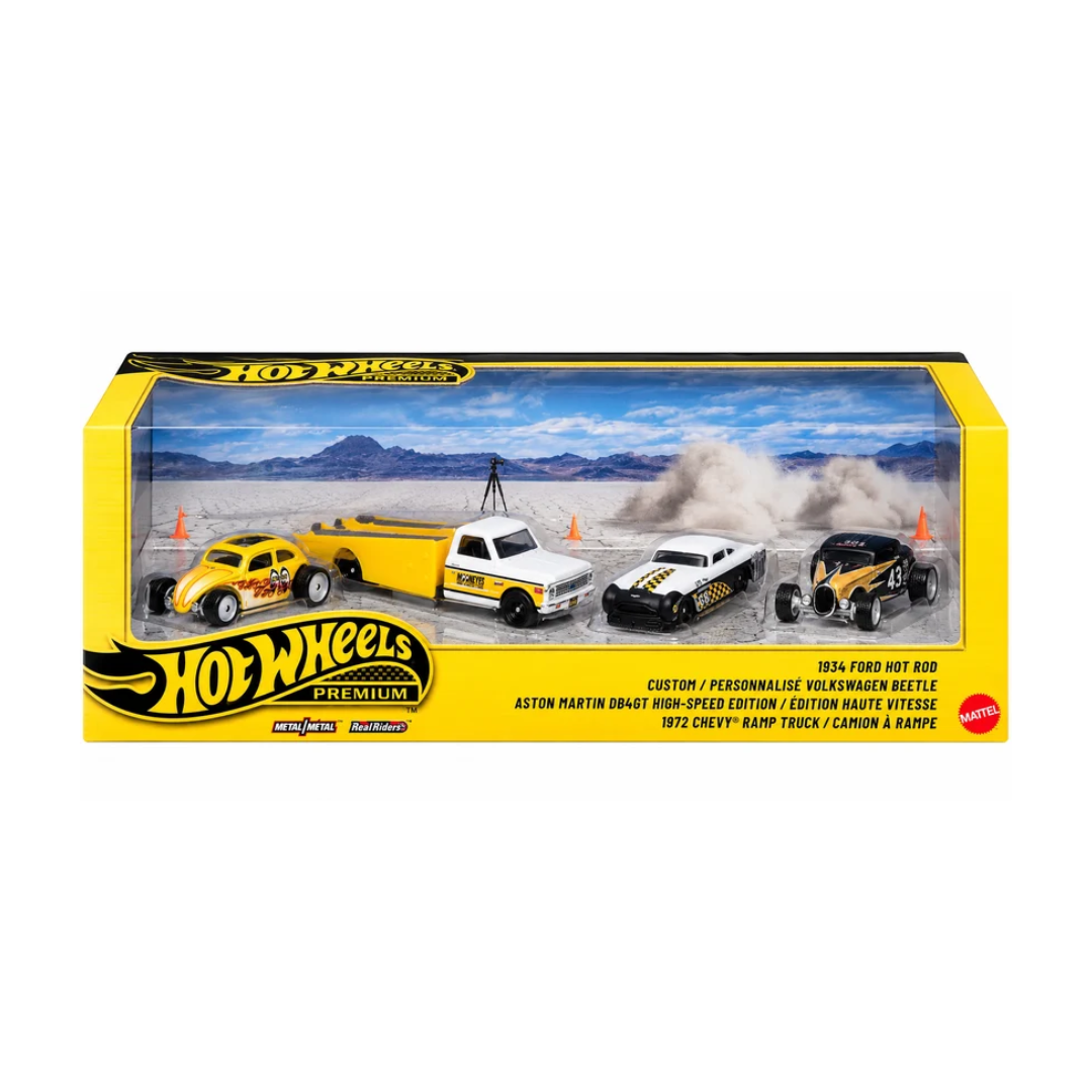 Hot Wheels Premium Collector 4-Vehicle Set | 1934 Ford Hot Rod, Custom Volkswagen Beetle, Aston Martin DB4GT & 1972 Chevy Ramp Truck