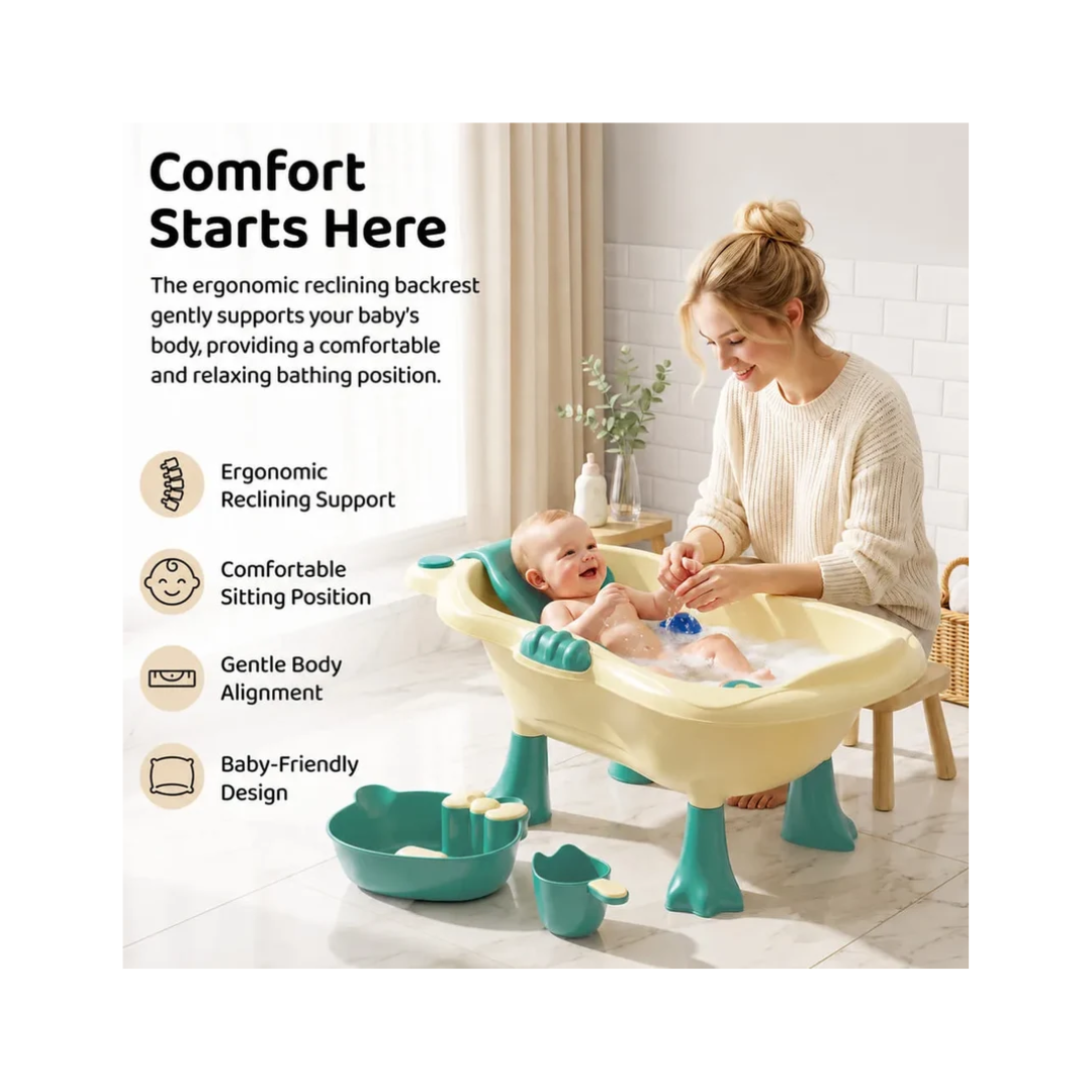 StarAndDaisy Aqua Nest Elevated Baby Bathtub with Support Seat & Bath Accessories – Green & Cream