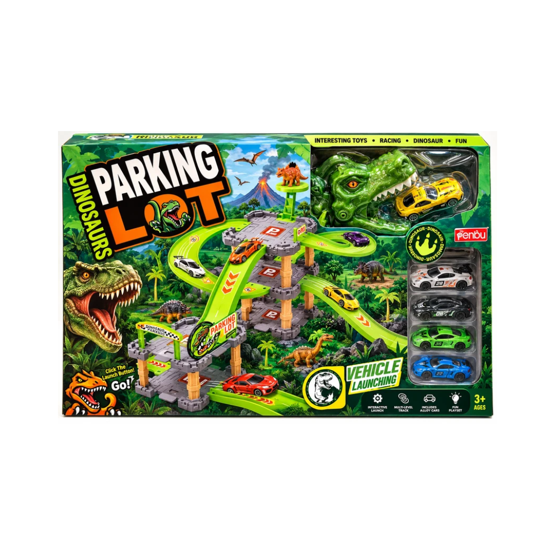 Dinosaur Parking Lot Toy Set with Vehicle Launching Playset for Kids 3+ Years