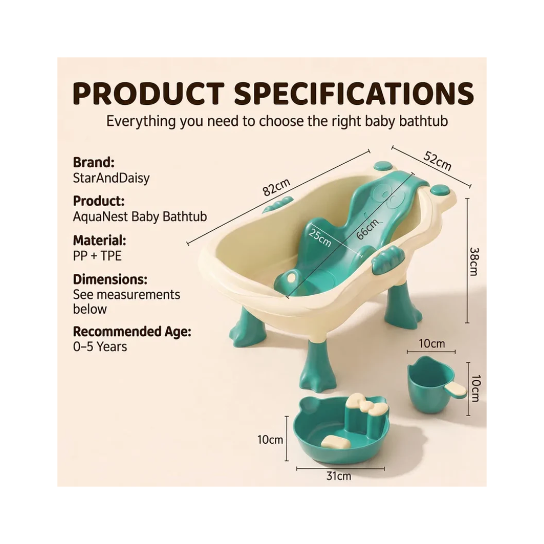 StarAndDaisy Aqua Nest Elevated Baby Bathtub with Support Seat & Bath Accessories – Green & Cream