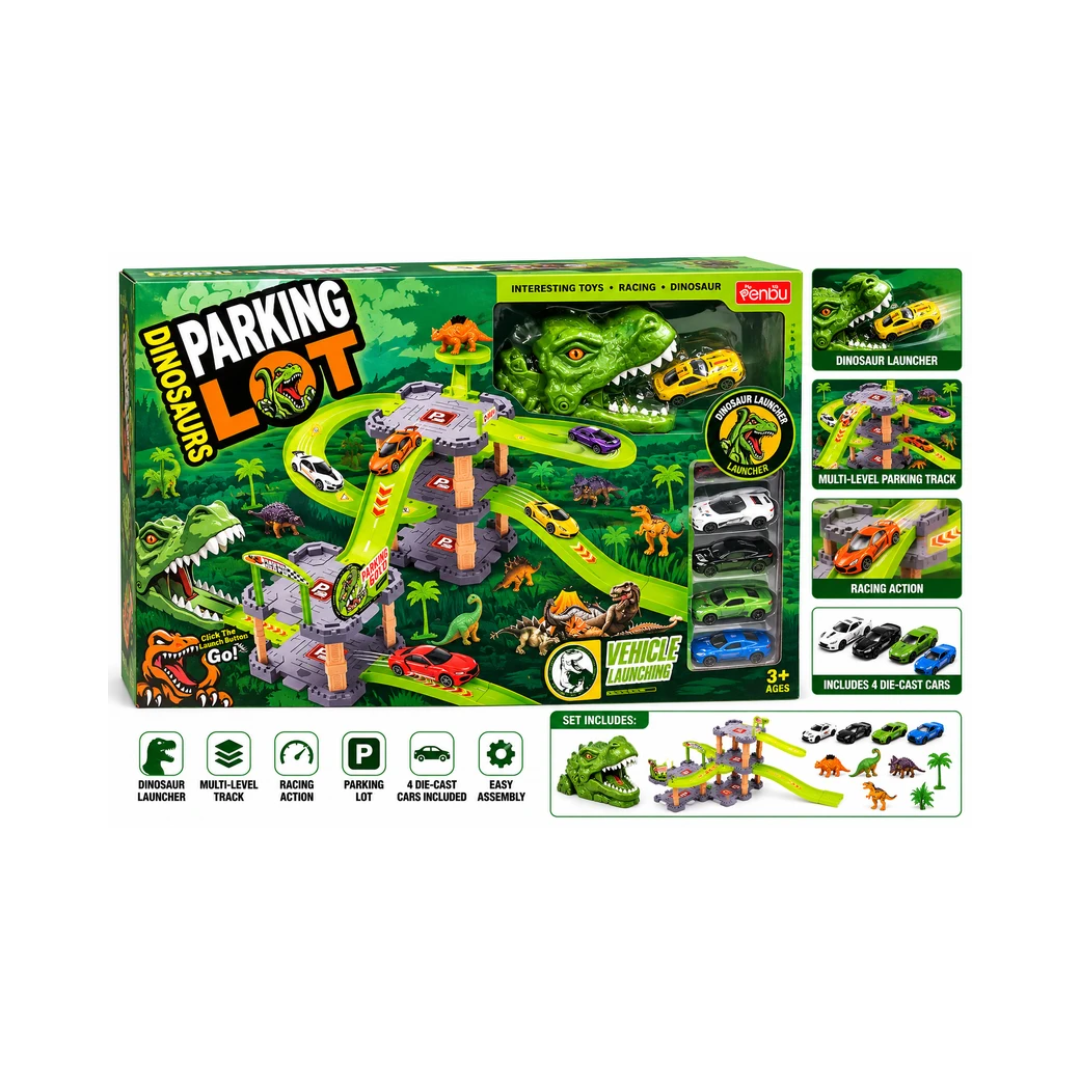 Dinosaur Parking Lot Toy Set with Vehicle Launching Playset for Kids 3+ Years