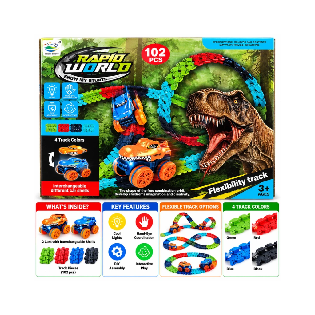 Rapid World 102 PCS Dinosaur Flexible Race Track Set with Stunt Car | DIY Track Building Toy for Kids