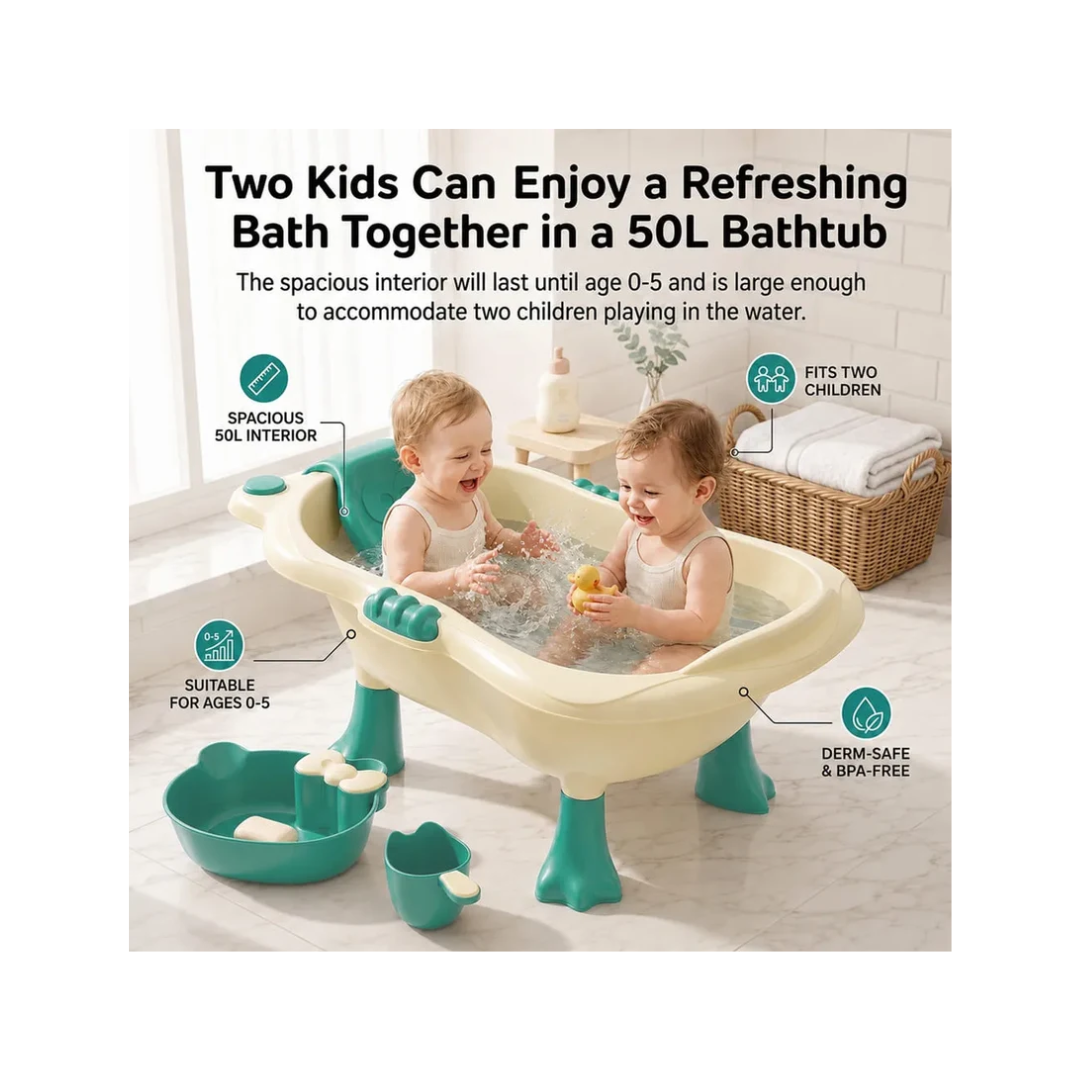StarAndDaisy Aqua Nest Elevated Baby Bathtub with Support Seat & Bath Accessories – Green & Cream