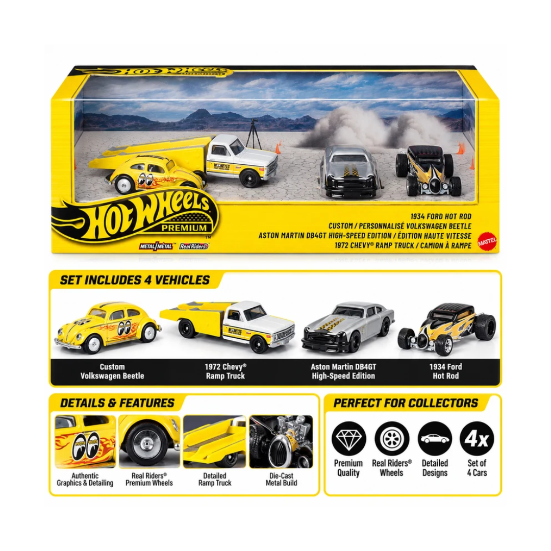 Hot Wheels Premium Collector 4-Vehicle Set | 1934 Ford Hot Rod, Custom Volkswagen Beetle, Aston Martin DB4GT & 1972 Chevy Ramp Truck