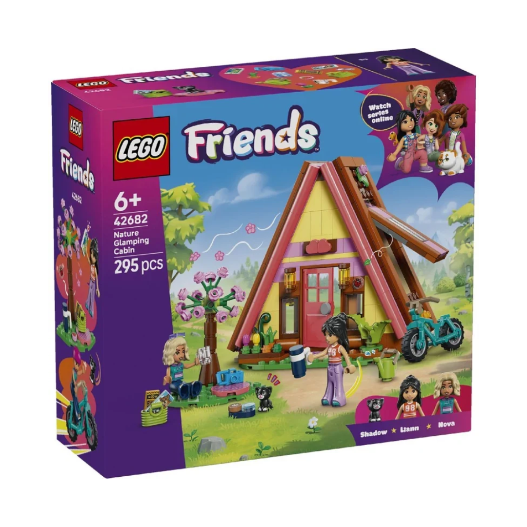 LEGO Friends Nature Glamping Cabin Building Set 42682, 295 Pieces, A-Frame Camping House with 2 Mini Dolls & Kitten – 6+ Years