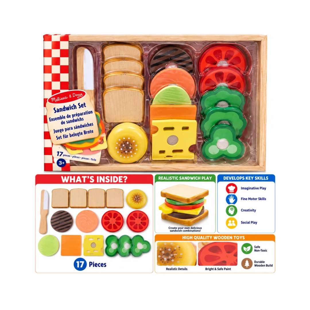 Melissa & Doug 17-Piece Wooden Sandwich Making Play Food Set | Pretend Kitchen Toy for Kids 3+