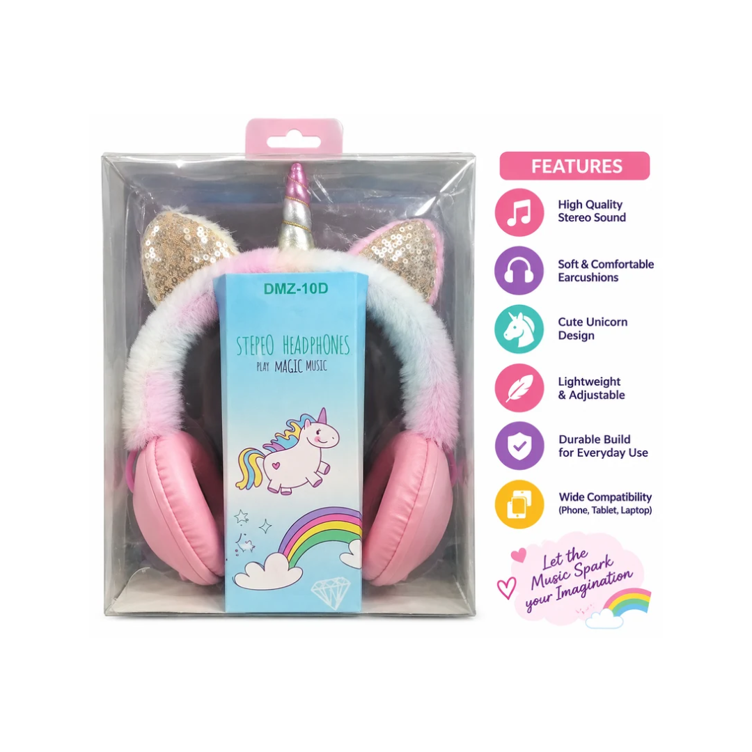 Kids Unicorn Furry Stereo Headphones with Sequin Ears DMZ-10D