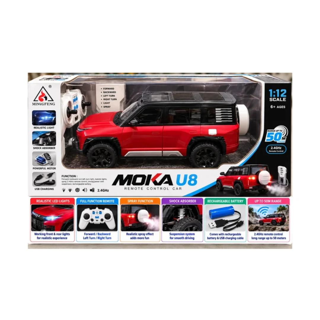 Shuangfeng MOKA U8 1:12 Scale RC SUV Car | 2.4GHz Remote Control Off-Road Vehicle with Dynamic Lights, Sound, Auto Parking & USB Rechargeable Battery – Red
