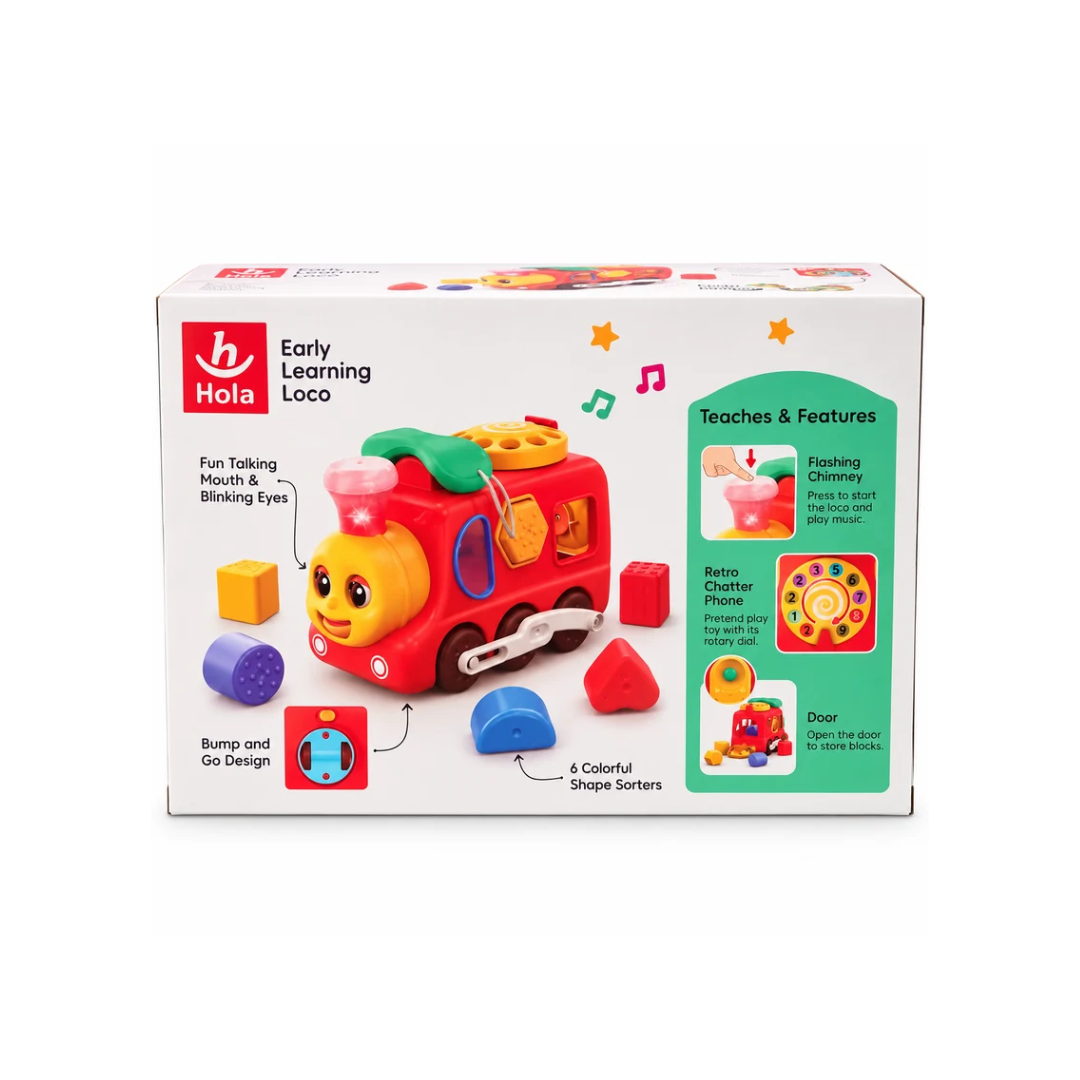 Hola 3-in-1 Early Learning Loco Montessori Toy – Shape Sorter, Moving Train & Phone