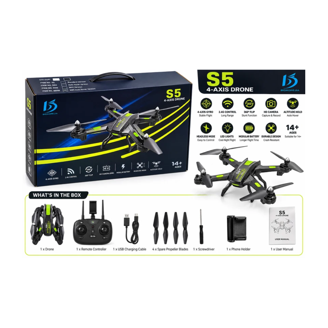 S5 4-Axis Remote Control Drone with 360° Flip & Headless Mode – 14+ Years