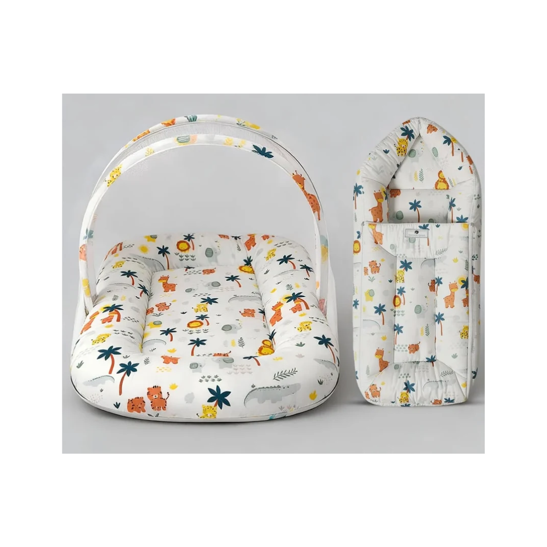 StarAndDaisy Baby Bed Set with Mosquito Net & Sleeping Bag Combo – Travel-Friendly Newborn Bed, Lion Print