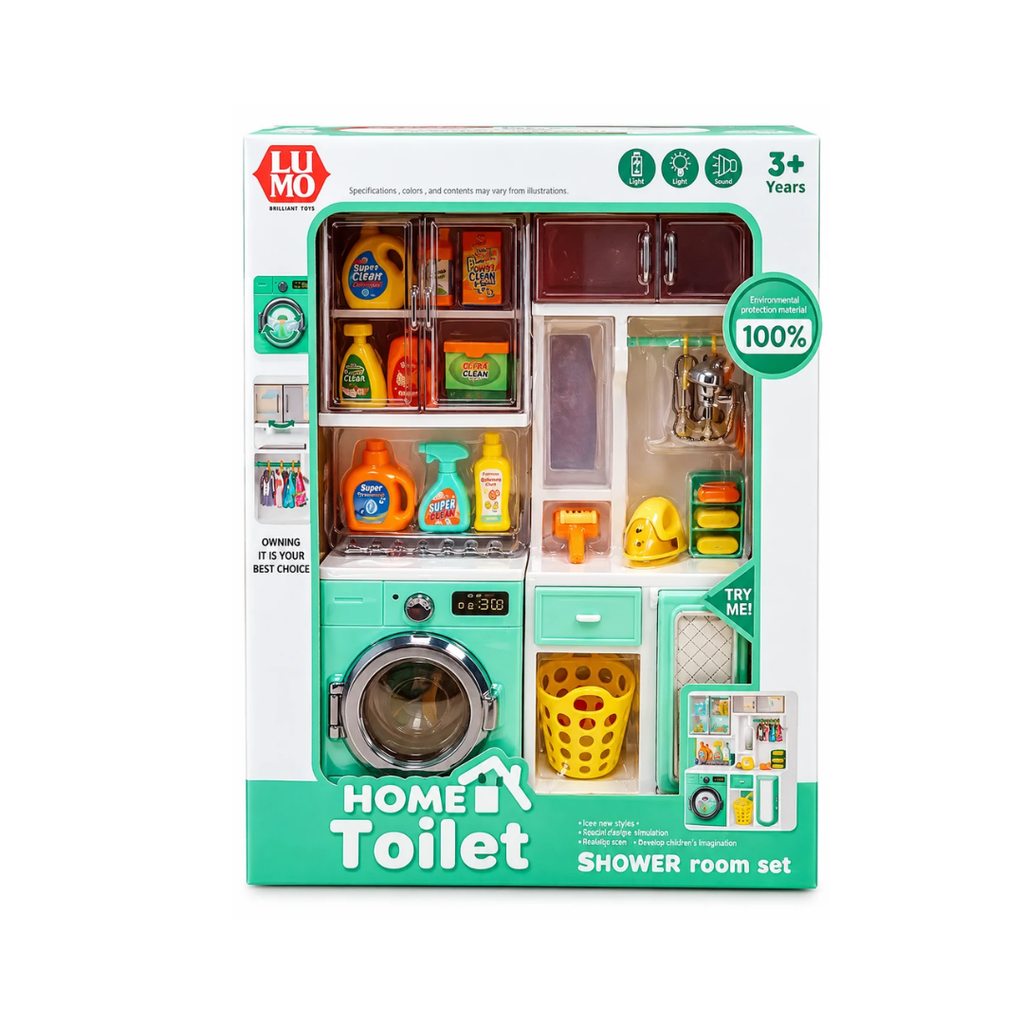 LUMO Home Toilet & Shower Room Pretend Play Set for Kids | Washing Machine & Cleaning Accessories with Light & Sound | 3+ Years