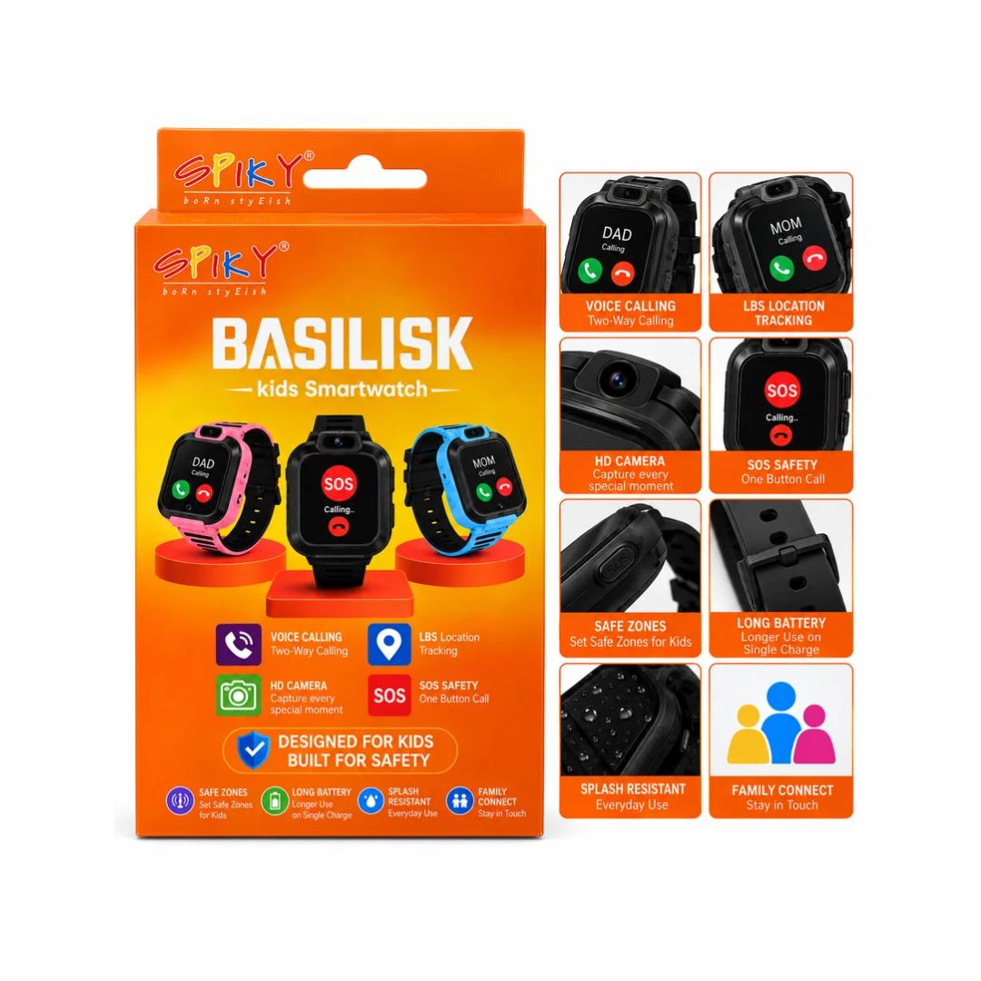 SPIKY BASILISK Kids Smartwatch with Voice Calling, LBS Location Tracking, HD Camera Black