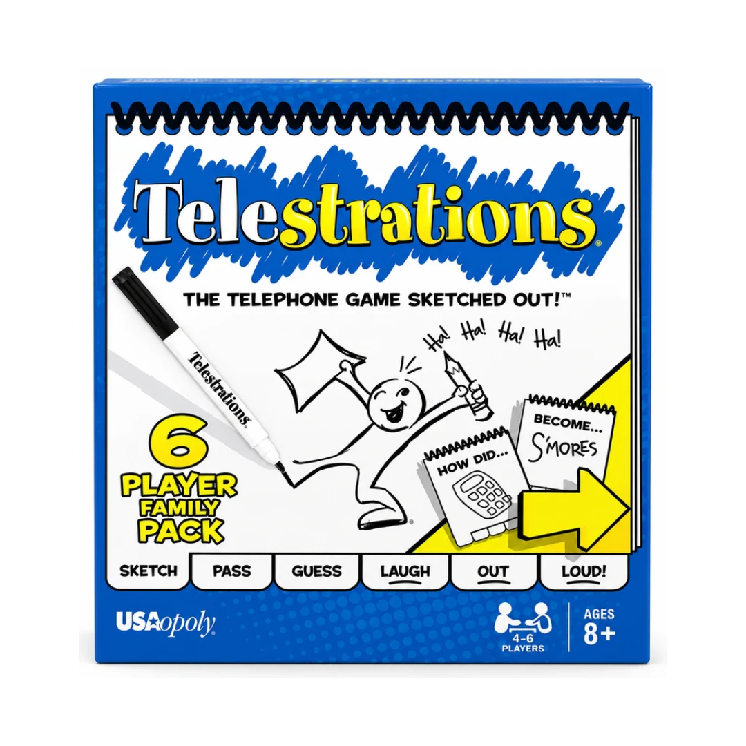 Telestrations 6 Player Family Pack | Sketch, Pass & Guess Drawing Party Game for Kids Ages 8+ & Adults