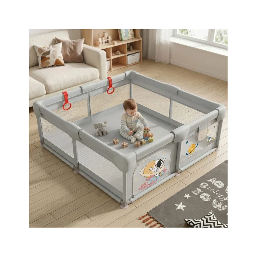 StarAndDaisy Baby Playpen 120 × 120 cm with Breathable Mesh, Grasp Rings & Anti-Slip Base – 0–5 Years, Grey