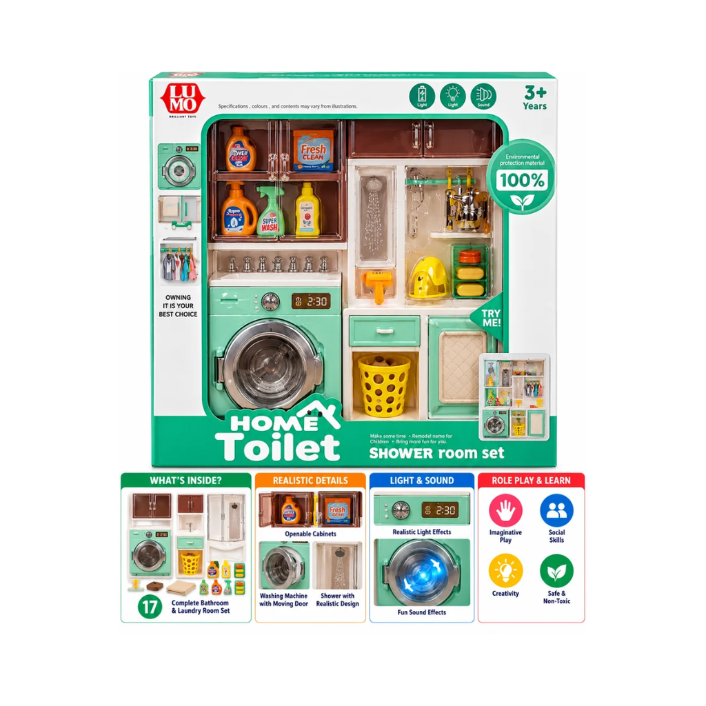 LUMO Home Toilet & Shower Room Pretend Play Set for Kids | Washing Machine & Cleaning Accessories with Light & Sound | 3+ Years