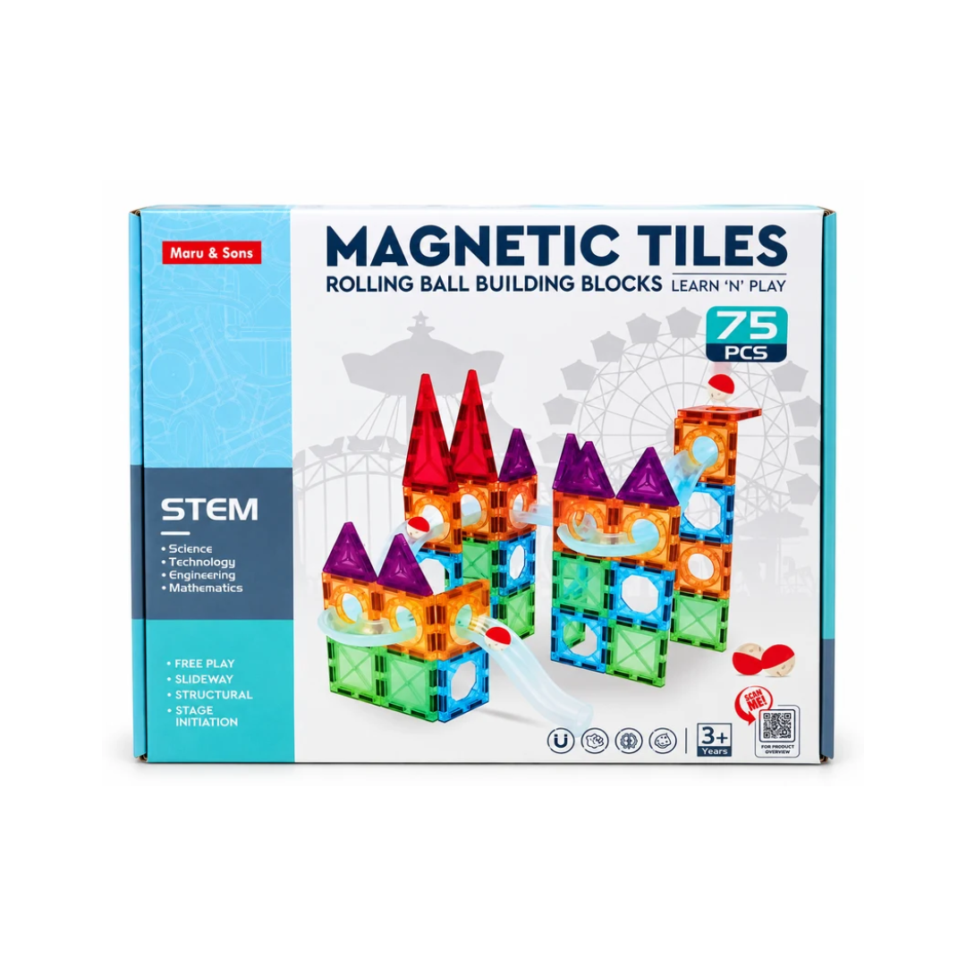Maru & Sons Magnetic Tiles Rolling Ball Building Blocks Set – 75 Pcs
