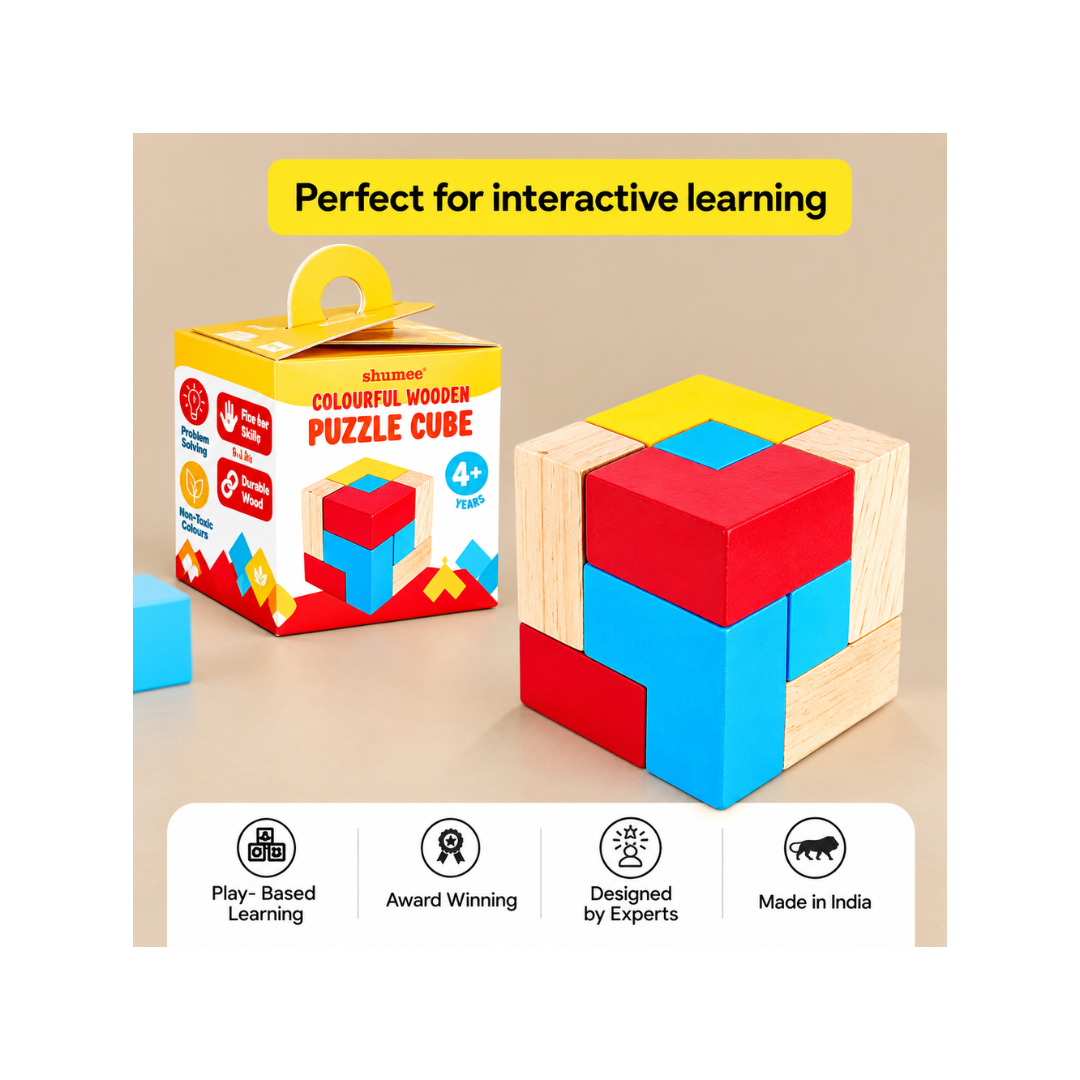 Shumee Colourful Wooden Puzzle Cube With 9 L-Shaped Blocks (4+ Years)