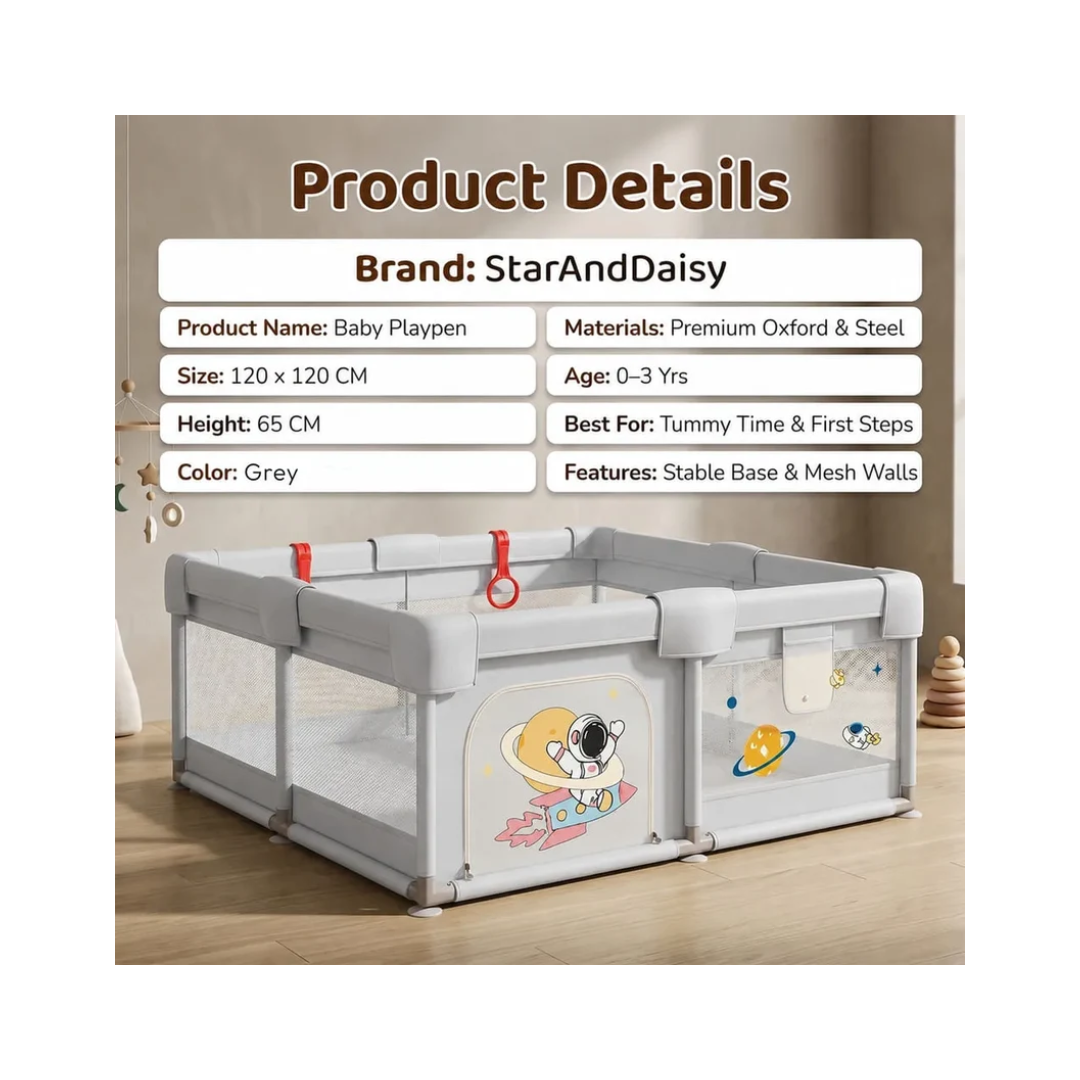StarAndDaisy Baby Playpen 120 × 120 cm with Breathable Mesh, Grasp Rings & Anti-Slip Base – 0–5 Years, Grey