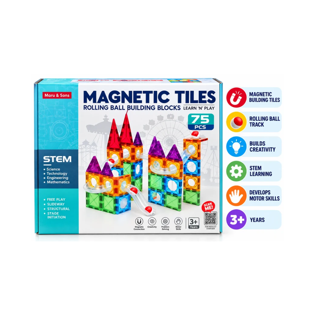Maru & Sons Magnetic Tiles Rolling Ball Building Blocks Set – 75 Pcs