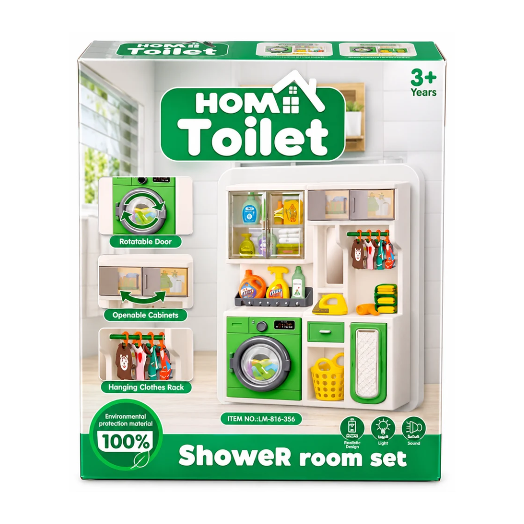 LUMO Home Toilet & Shower Room Pretend Play Set for Kids | Washing Machine & Cleaning Accessories with Light & Sound | 3+ Years