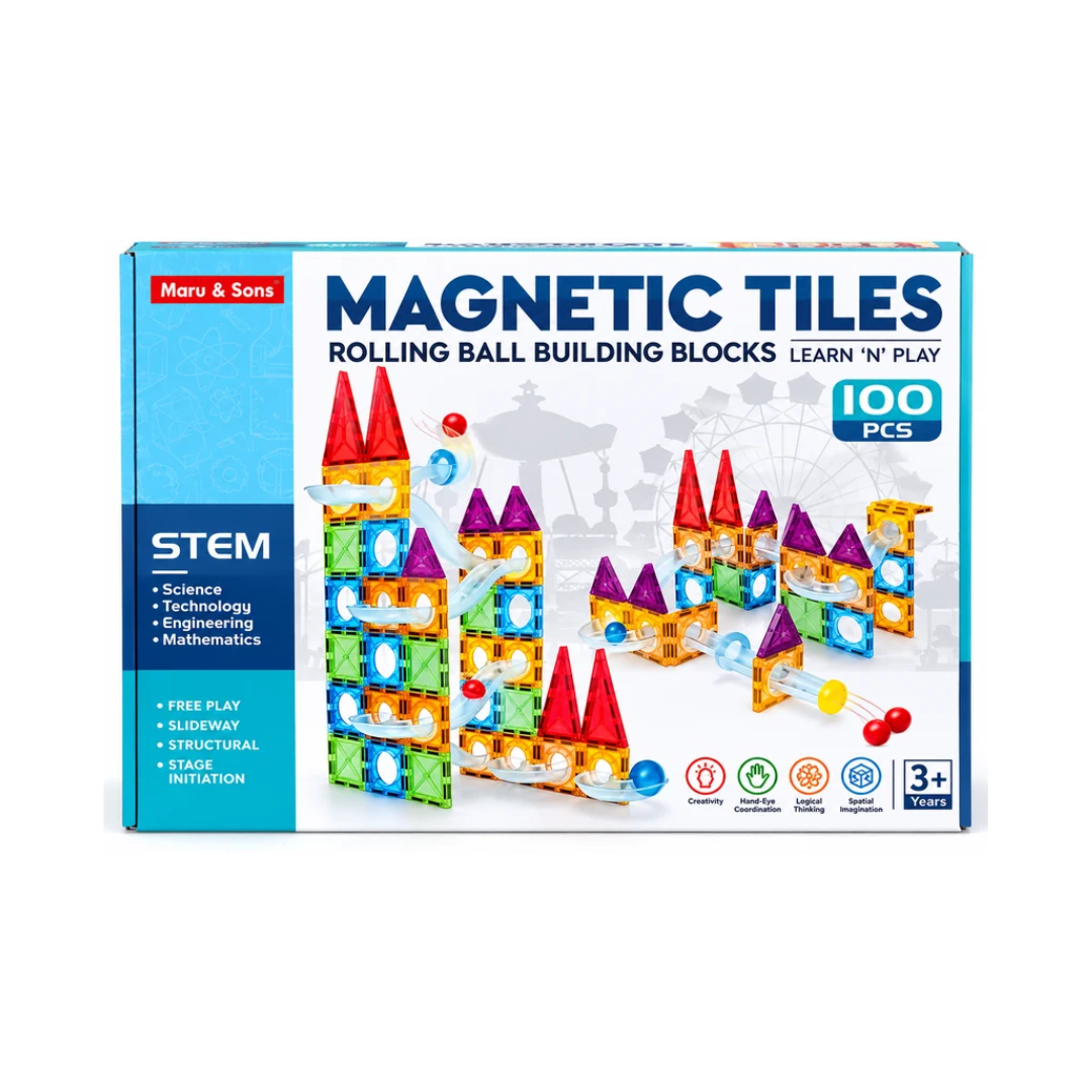 Maru & Sons Magnetic Tiles Rolling Ball Building Blocks – 100 PCS STEM Learning Set | 3+ Years