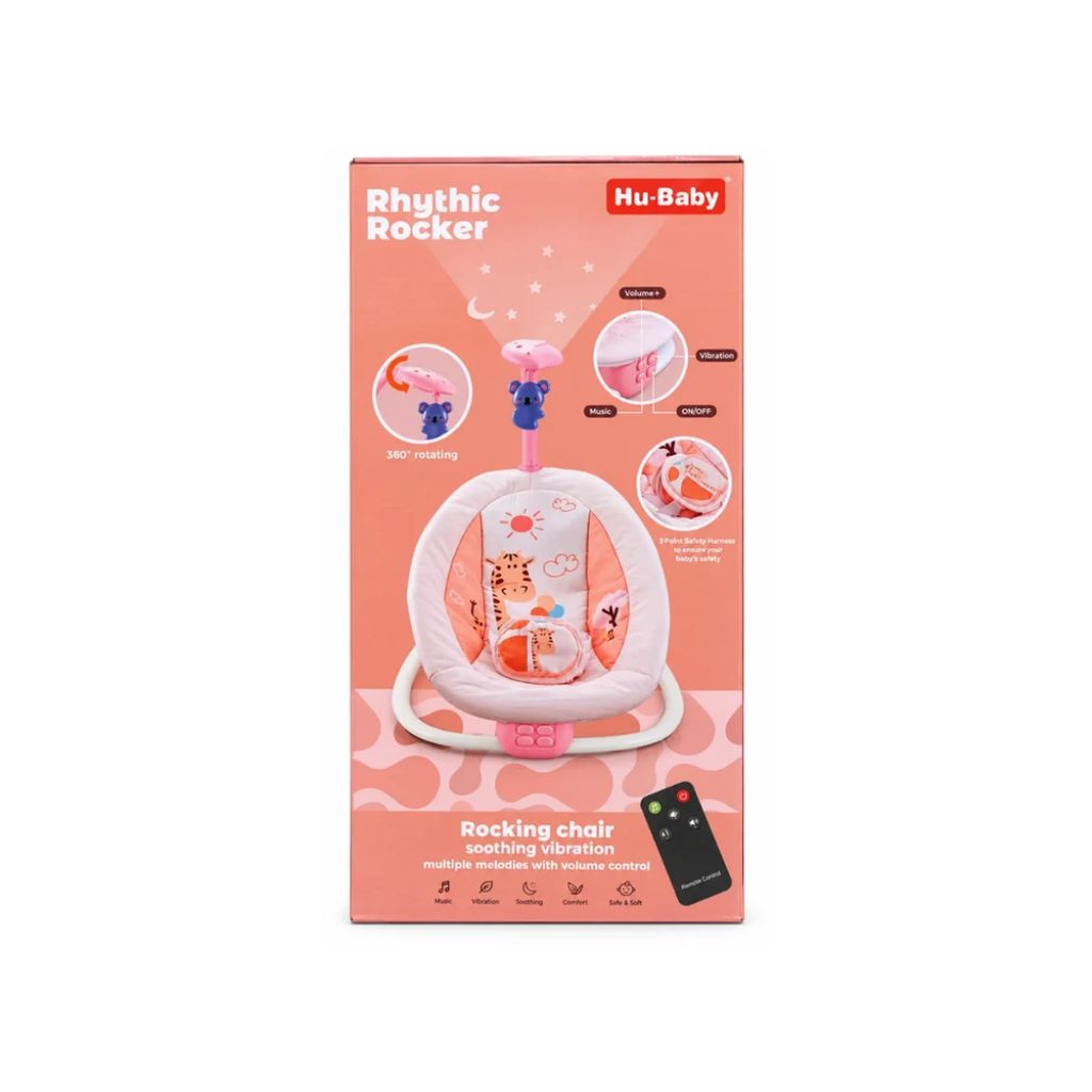 Hu-Baby Rhythmic Rocker Baby Rocking Chair with Soothing Vibration, Music & Projector – Pink | 0M+