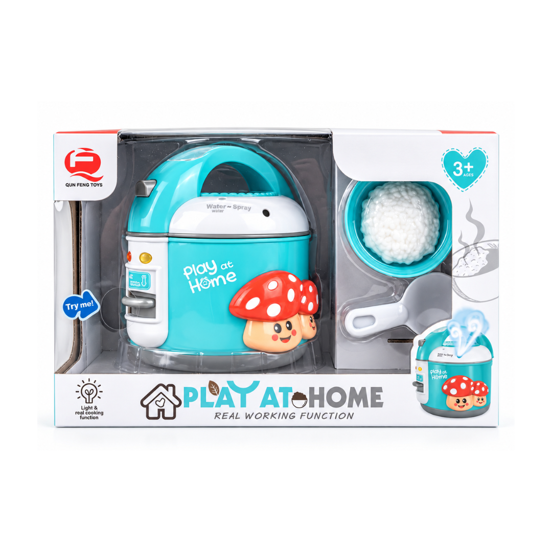 Play at Home Kids Electric Rice Cooker Toy with Realistic Steam Mist Spray, Lights & Sound – Pretend Play Kitchen Appliance Playset
