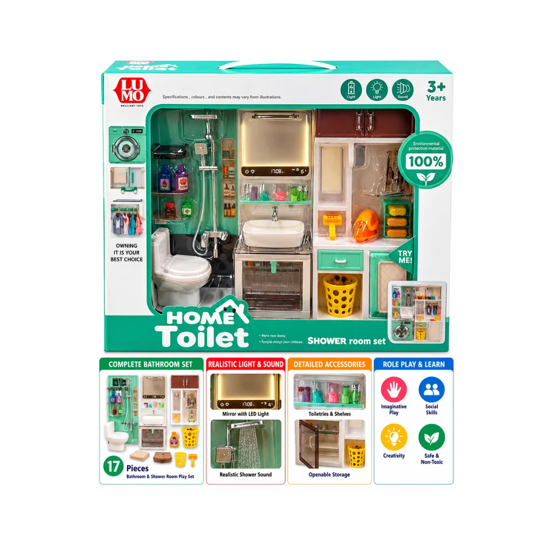 LUMO Home Toilet & Shower Room Play Set for Kids | Bathroom, Wash Basin & Cleaning Accessories with Light & Sound | 3+ Years