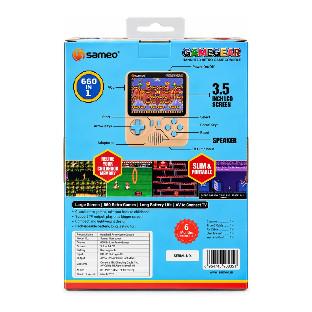 Sameo GameGear Retro Handheld Gaming Console – 666 8-Bit Games 3.5” LCD Grey