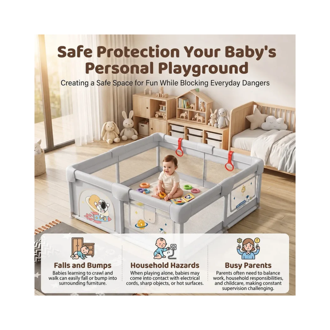 StarAndDaisy Baby Playpen 120 × 120 cm with Breathable Mesh, Grasp Rings & Anti-Slip Base – 0–5 Years, Grey