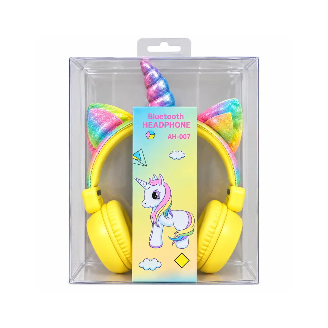 Kids Unicorn Bluetooth Headphones with Rainbow Ears & Horn – Yellow AH-807