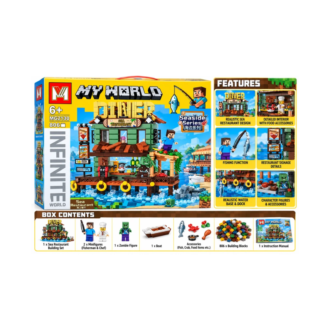 My World Seaside Sea Restaurant 806 Pcs Building Blocks Set – Fishing & Restaurant Construction Toy for Kids 6